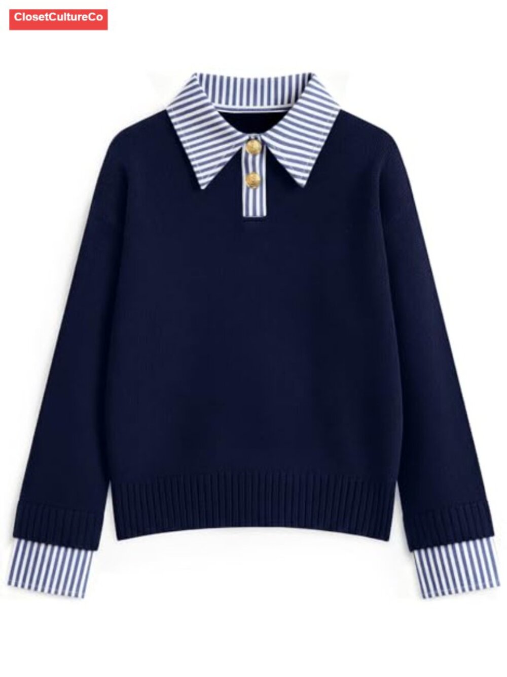 Oversized Denim Collar Polo Sweater Knit Pullover